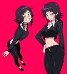  1girl black_hair chainsaw_man collar crop_top grey_eyes hand_on_own_hip highres long_sleeves looking_at_viewer mg991998 midriff mifune_fumiko red_background smile solo teeth 