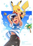  1boy ;d alolan_exeggutor arms_up ash_ketchum black_hair blue_shirt bracelet brown_eyes commentary_request hat highres jewelry male_focus navel ok_(asuta00912) on_head one_eye_closed open_mouth pants pikachu pokemon pokemon_(anime) pokemon_(creature) pokemon_on_head pokemon_sm_(anime) red_headwear shirt short_hair short_sleeves smile sparkle striped striped_shirt tapu_koko teeth tongue twitter_username upper_teeth_only watermark wingull z-ring 