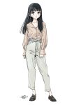  1girl akebi-chan_no_serafuku akebi_komichi black_eyes black_footwear black_hair blunt_bangs blunt_ends blush collarbone commentary_request full_body high-waist_pants highres hiro_(dismaless) long_hair long_sleeves looking_at_viewer open_mouth pants puffy_long_sleeves puffy_sleeves shirt simple_background solo standing white_background white_pants white_shirt 