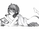  1girl ass bare_arms bare_shoulders barefoot blunt_bangs bottomless dot_mouth feet from_side glasses greyscale hair_ornament hairclip headphones headphones_around_neck highres holding holding_stylus hololive hololive_english looking_at_viewer lying monochrome nanashi_(nlo) ninomae_ina&#039;nis official_alternate_hair_length official_alternate_hairstyle on_stomach pointy_ears shirt short_hair simple_background sketch sleeveless sleeveless_shirt solo stylus tablet_pc takodachi_(ninomae_ina&#039;nis) the_pose virtual_youtuber 