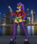  anthro boots breasts city cleavage clothed clothing digital_media_(artwork) domestic_cat felid feline felis female footwear furry gun hair handgun hi_res high_heels jacket legwear mammal night pinup pose purple ranged_weapon revolver sabertooth_(disambiguation) solo thigh_highs topwear weapon 