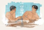  2boys bara black_hair blush clenched_hands closed_eyes completely_nude kashikahaya large_pectorals male_focus multiple_boys muscular muscular_male nipples nude open_mouth original partially_submerged pectorals short_hair smile water 