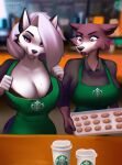  anthro aozee beastars breasts brown_body brown_fur canid canine canis clothed clothing duo female fur grey_body grey_fur helluva_boss hi_res juno_(beastars) looking_at_viewer loona_(helluva_boss) mammal starbucks wolf 