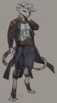  2019 5_toes abs accessory anthro artist_name athletic athletic_male belt biped bottomwear brown_eyes cheek_tuft claws clothed clothing coat dated digitigrade ear_piercing ear_ring facial_tuft feet finger_claws footwear full-length_portrait fur furgonomics grey_background grey_body grey_fur grey_hair hair hand_behind_head hi_res jewelry kiguri looking_at_viewer male mammal midriff monotone_body monotone_fur murid murine nipples open_clothing open_coat open_topwear pecs piercing portrait pose rat ring ring_piercing rodent shorts simple_background skaven solo standing tail tail_accessory tail_jewelry tail_ring tailband toeless_footwear toes topwear trenchcoat tuft warhammer_(franchise) whiskers 