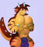  ai_generated anthro balls_outline big_bulge bulge clothing detailed_bulge fur genital_outline hi_res horn huge_bulge hybrid male mammal muscular muscular_anthro muscular_male nipples pecs penis_outline solo suggestive thong underwear 