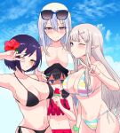  4girls alternate_breast_size alternate_height bikini black_bikini black_eyes black_hair breast_rest breasts breasts_on_head commentary elu_(nijisanji) empty_eyes eyewear_on_head flower food frilled_bikini frills grey_hair hair_between_eyes hair_flower hair_ornament hairpin height_difference highres higuchi_kaede jk_gumi_(nijisanji) large_breasts long_hair multiple_girls navel nijisanji one_eye_closed pointy_ears popsicle purple_eyes purple_hair red_eyes ricochet-gou scrunchie shizuka_rin short_hair side-tie_bikini_bottom sidelocks striped striped_bikini sunglasses swimsuit tsukino_mito v virtual_youtuber watermelon_bar white_bikini white_hair wrist_scrunchie yellow_eyes 