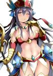  1girl :p absurdres armor bikini_armor blush breasts cape gauntlets hair_between_eyes headdress highres holding holding_staff kuromayu large_breasts long_hair looking_at_viewer one_eye_closed orange_eyes original pelvic_curtain sidelocks simple_background solo staff thighhighs tongue tongue_out very_long_hair white_background white_cape 