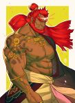  1boy abs armlet armpit_hair bara bare_pectorals beard clothes_down colored_skin facial_hair feet_out_of_frame frown ganondorf glowing_gem gold green_skin hadanugi_dousa highres huge_eyebrows large_pectorals long_hair looking_at_viewer male_focus mature_male muscular muscular_male nipples official_alternate_costume old old_man orange_hair pectorals sideburns solo stomach tattoo the_legend_of_zelda the_legend_of_zelda:_tears_of_the_kingdom thick_eyebrows veins veiny_arms wrinkled_skin xelgot 