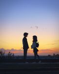  1boy 1girl backpack bag city_lights cityscape cloud cloudy_sky commentary english_commentary evening from_side full_body gradient_sky highres looking_at_another medium_hair original outdoors profile sam_yang shoes short_hair skirt sky sneakers 