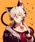  1boy animal_ear_piercing animal_ears armband artist_name bishounen black_armband black_hair black_jacket blonde_hair cat_ears cat_tail character_name collarbone colored_tips damien_(hen-tie) english_commentary eyelashes finger_to_own_chin heart heart_print hen-tie hood hood_down hooded_jacket jacket layered_sleeves long_sleeves loose_hair_strand male_focus multicolored_hair one_eye_closed open_clothes open_jacket orange_background original parted_lips pink_eyes pink_nails red_hair red_shirt shirt short_hair smile tail teeth thick_eyebrows upper_body watermark white_hood 