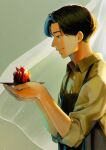  1boy absurdres apron black_hair brown_eyes cake curtains food highres holding holding_plate indoors male_focus original plate profile short_hair sleeves_rolled_up snails0106 sweets upper_body waiter 