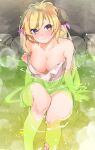  1girl animal_ears arm_support blonde_hair blush breasts cleavage closed_mouth commentary feet_out_of_frame from_above hair_between_eyes hair_ribbon highres holding holding_towel hololive horns long_hair looking_at_viewer medium_breasts multicolored_eyes naked_towel nyas0123 onsen partially_submerged pink_ribbon purple_eyes ribbon sheep_ears sheep_girl sheep_horns sitting smile solo towel tsunomaki_watame virtual_youtuber water wet yellow_eyes 