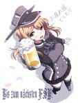  1girl 547th_sy alcohol anchor_hair_ornament beer beer_mug black_skirt black_thighhighs blonde_hair commentary_request cross cup from_above german_text gloves green_eyes grey_headwear hair_ornament hat highres iron_cross kantai_collection long_hair looking_at_viewer low_twintails microskirt military military_hat military_uniform mug one_eye_closed peaked_cap pleated_skirt prinz_eugen_(kancolle) skirt solo thighhighs translation_request twintails uniform white_gloves 