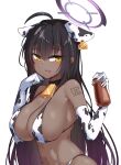  1girl ahoge animal_ears animal_print bell bikini black_hair blue_archive breaaad breasts cleavage commentary_request cow_ears cow_print dark-skinned_female dark_skin elbow_gloves english_commentary gloves halo highres karin_(blue_archive) large_breasts long_hair looking_at_viewer mixed-language_commentary navel neck_bell number_tattoo open_mouth shoulder_tattoo simple_background solo swimsuit tattoo upper_body white_background yellow_eyes 