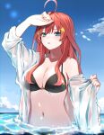  1girl ahoge arm_up bikini black_bikini blue_eyes blush breasts cleavage collarbone day go-toubun_no_hanayome groin hair_between_eyes hair_ornament highres jun_(30409972) large_breasts long_hair looking_at_viewer midriff nakano_itsuki navel ocean off-shoulder_shirt off_shoulder open_clothes open_mouth outdoors partially_submerged red_hair shirt solo star_(symbol) star_hair_ornament stomach swimsuit water wet 