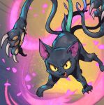  :d animal animal_focus black_fur cat colored_skin fangs green_skin league_of_legends looking_at_viewer multicolored_background multiple_tails neeko_(league_of_legends) no_humans petals phantom_ix_row smile tail teeth transformation yellow_eyes 