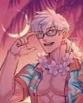  1boy adjusting_eyewear alternate_costume bare_pectorals blue_eyes crescent_moon fate/grand_order fate_(series) flower flower_necklace glasses hair_between_eyes hawaiian_shirt highres large_pectorals lei looking_at_viewer male_focus moon muscular muscular_male open_mouth pectorals percival_(fate) semi-rimless_eyewear shirt short_hair short_sleeves smile solo wet white_hair yaekaidou 