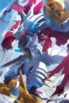  1other armor cape digimon digimon_(creature) from_side highres horns jesmon maplo other_focus signature solo spikes tail watermark 