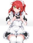  +_+ 1girl alternate_costume apron black_dress blush bocchi_the_rock! collared_dress commentary_request dress enmaided feet_out_of_frame frilled_dress frills green_eyes grin head_tilt heart heart_hands highres invisible_chair kita_ikuyo looking_at_viewer maid maid_apron maid_headdress makkurourufu medium_hair one_eye_closed one_side_up puffy_short_sleeves puffy_sleeves red_hair short_sleeves sitting sleeve_cuffs smile solo thighhighs thighs white_thighhighs wrist_cuffs yellow_pupils 