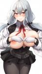  1girl afro2200 black_cardigan black_pantyhose black_skirt blush breasts breasts_out cardigan closed_mouth collared_shirt covering covering_breasts gloves grey_hair hair_between_eyes hair_ornament hairclip hakase_fuyuki hakase_fuyuki_(1st_costume) highres jacket lab_coat large_breasts long_hair long_sleeves looking_at_viewer low_twintails miniskirt nijisanji nipples no_bra open_clothes open_jacket pantyhose pi_(math) pleated_skirt red_eyes red_ribbon ribbon shirt simple_background skirt smile solo twintails virtual_youtuber white_background white_gloves white_jacket white_shirt 