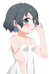  1girl absurdres black_hair blue_eyes blush breasts camisole chis_(js60216) commentary highres kaban_(kemono_friends) kemono_friends looking_at_viewer open_mouth short_hair simple_background small_breasts solo strap_slip upper_body white_background white_camisole 