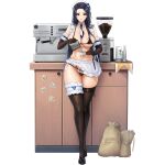  05565 1girl apron areola_slip ass_visible_through_thighs between_breasts bikini black_bikini black_footwear black_gloves blue_bracelet blue_eyes blue_hair blush bracelet breasts cafe cameltoe character_sticker coffee_bag coffee_beans coffee_grinder coffee_maker_(object) collar counter covered_nipples cup detached_collar disposable_cup elbow_gloves english_text frilled_apron frilled_gloves frilled_panties frilled_straps frills full_body game_cg gloves highres holding holding_cup invincible_dragon_(last_origin) jewelry large_breasts last_origin lips long_hair looking_at_viewer maid_bikini maid_cafe micro_bikini milk multicolored_necktie navel necktie necktie_between_breasts nereid_(last_origin) o-ring o-ring_top official_alternate_costume official_art panties pen pouring sack safety_pin shoes sirene_(last_origin) skindentation smile sticker stirring_rod string_bikini swimsuit tachi-e teacup thetis_(last_origin) thigh_strap thighhighs transparent_background underwear undine_(last_origin) white_apron white_collar 