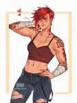  1girl absurdres arm_tattoo bandaged_arm bandages bbybluemochi bra breasts earrings grey_eyes heart highres jewelry league_of_legends non-web_source piercing red_hair tattoo torn_clothes underwear vi_(league_of_legends) 
