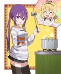  2girls :d ^_^ black_hairband black_shorts black_thighhighs blonde_hair blunt_bangs blush border breasts closed_eyes collarbone commentary_request cooking_pot counter cowboy_shot emphasis_lines flower food gochuumon_wa_usagi_desu_ka? grey_sweater hair_between_eyes hair_ornament hairband hairclip happy highres holding holding_ladle kirima_syaro ladle long_hair long_sleeves looking_at_viewer medium_breasts mohei multiple_girls open_mouth purple_eyes purple_hair shirt short_hair short_shorts shorts sidelocks smile sparkle standing steam stove striped striped_sweater sweater tedeza_rize thighhighs twintails two-tone_sweater white_border white_shirt yellow_background 