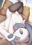  absol absurd_res ambiguous_gender claws clothing feral fur generation_3_pokemon hi_res legwear looking_at_viewer nintendo pawpads pillow pokemon pokemon_(species) red_eyes semi-anthro stockings white_body white_fur zinfyu 