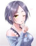  1girl bare_shoulders black_bra black_hair blue_shirt bra bra_strap breasts chii_(sbshop) cleavage collarbone dot_nose from_side hand_up hayami_kanade heart highres idolmaster idolmaster_cinderella_girls idolmaster_cinderella_girls_starlight_stage index_finger_raised jewelry long_sleeves looking_at_viewer medium_breasts necklace off-shoulder_shirt off_shoulder one_eye_closed open_mouth parted_bangs pink_nails shirt short_hair simple_background solo striped striped_shirt underwear upper_body white_background yellow_eyes 