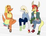  anthro clothed clothing colored dinosaur dromaeosaurid fake_horns female footwear group hair hand_puppet heather_(snoot_game) hi_res judee reptile scalie schizo_chan_(snoot_game) shoes simple_background smile snoot_game socks tail theropod trio unknown_artist 