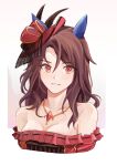  1girl animal_ears bare_shoulders breasts brown_hair cleavage cropped_torso dress ear_covers hat horse_ears jewelry kaulen.f king_halo_(take_part_in_a_waltz_this_evening)_(umamusume) king_halo_(umamusume) long_hair looking_at_viewer necklace off-shoulder_dress off_shoulder orange_eyes parted_lips red_dress red_headwear small_breasts smile solo umamusume upper_body 