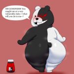  2023 absurd_res anthro bear big_butt black_body black_ears black_eyes black_fur black_nose black_tail blush bottle butt colossalstars container danganronpa digital_media_(artwork) english_text fur genetic_chimerism heterochromia hi_res huge_butt looking_at_viewer looking_back lube lube_bottle male mammal mismatched_ears monokuma motion_lines multicolored_body multicolored_fur musk musk_clouds obese obese_anthro obese_male overweight overweight_anthro overweight_male red_background red_eyes simple_background smile solo speech_bubble standing tail teeth text thick_thighs two_tone_body two_tone_fur two_tone_tail white_body white_ears white_fur white_tail 
