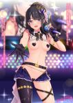  1girl areola_slip armlet ass_visible_through_thighs belt black_gloves black_hair blush bow bowtie bracelet breastless_clothes breasts commission covered_nipples crown exhibitionism gloves grey_eyes hair_bow idolmaster idolmaster_shiny_colors jewelry kazano_hiori looking_at_viewer maebari medium_breasts microphone mini_crown mole mole_under_mouth navel open_mouth partially_visible_vulva pasties ppshex public_indecency reaching_towards_viewer revealing_clothes screen showgirl_skirt shrug_(clothing) solo stage thighlet 