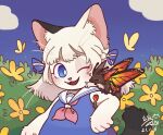  1girl ;d animal_ears artist_name blue_dress blue_eyes blue_sky bug bush butterfly butterfly_wings cat_ears cat_girl cloud creature_on_arm dragon dress flower furry furry_female hua_hua_de_meme looking_at_another medium_hair neckerchief one_eye_closed original red_neckerchief sailor_collar signature sky sleeveless sleeveless_dress smile solo upper_body white_fur white_hair white_sailor_collar wings yellow_flower 