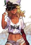  1girl alternate_costume bandaged_arm bandages blonde_hair breasts cleavage cowboy_shot crop_top dark-skinned_female dark_skin fingerless_gloves gloves guilty_gear guilty_gear_strive guilty_gear_strive_x_tower_records hat hat_over_one_eye hungry_clicker looking_to_the_side medium_hair navel official_alternate_costume parted_lips ramlethal_valentine smirk solo tower_records yellow_eyes 