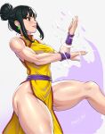  1girl absurdres belt black_eyes black_hair chi-chi_(dragon_ball) chinese_clothes dragon_ball earrings fighting_stance francis_slv from_side happy highres jewelry martial_arts medium_hair purple_belt purple_wristband smile solo thick_thighs thighs training 