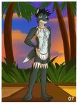  3:4 anthro canid canine fox fox_frat_dude_(fuze) fuze grass_skirt hand_on_hip hi_res male mammal mostly_nude navel nipples outside palm_tree plant pose smile smirk solo sunset tree 