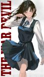  1girl absurdres arm_at_side black_dress black_hair blue_dress bow bowtie chainsaw_man collared_shirt cowboy_shot crossed_legs daidai_neroli dress english_text floating_hair fourth_east_high_school_uniform grey_dress hair_flip hand_up highres long_hair long_sleeves looking_at_viewer parted_lips pinafore_dress pleated_dress ringed_eyes scar scar_on_face school_uniform shirt sleeveless sleeveless_dress smile smirk solo standing walking white_background white_shirt wind yellow_eyes yoru_(chainsaw_man) 