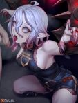  1boy 1girl absurdres ahoge artist_name bare_shoulders belt black_belt breasts briar_(league_of_legends) censored chained_wrists colored_sclera fingernails grey_eyes grey_hair grey_nails hair_between_eyes hetero highres kumiko_shiba large_breasts league_of_legends multicolored_hair nail_polish patreon_username penis pink_hair pink_sclera pointy_ears saliva sharp_fingernails short_hair squatting teeth testicles tongue tongue_out two-tone_hair upper_teeth_only 