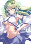  1girl absurdres aqua_background aqua_eyes armpits bare_shoulders blue_skirt blush breasts closed_mouth commentary_request cowboy_shot crop_top detached_sleeves frog_hair_ornament green_hair groin hair_ornament hair_tubes hand_on_own_hip highres kochiya_sanae large_breasts light_smile long_hair long_sleeves looking_at_viewer navel outline saniraku shirt sideboob simple_background skirt snake_hair_ornament solo swept_bangs touhou underboob very_long_hair white_background white_outline white_shirt wide_sleeves wing_collar 