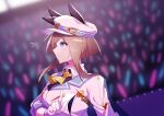  1girl afterimage animal_ears ascot blurry blurry_background blush breasts brown_hair cape cheval_grand_(umamusume) closed_mouth collared_shirt concert ear_wiggle flying_sweatdrops gloves hand_up hat hat_belt horse_ears index_finger_raised jacket long_hair long_sleeves medium_breasts multicolored_hair renma_(renma_0503) shirt sideways_mouth solo speed_lines streaked_hair sweat twitter_username umamusume upper_body watermark white_gloves white_headwear white_jacket yellow_ascot 