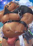  2023 absurd_res anthro armor bear belly big_belly bodily_fluids brown_body clothing cloud detailed_background hard_hat headgear helmet hi_res kemono male mammal moobs navel nipples outside overweight overweight_male shirt solo sun sweat topwear yuuuki_desu 