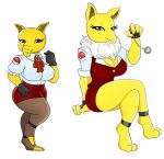  &lt;3 anthro big_breasts bottomwear breasts brown_eyes clothing drowzee duo female fur generation_1_pokemon gloves handwear huge_breasts hypno_(pokemon) legwear nintendo pendulum pokeball pokemon pokemon_(species) shirt simple_background skirt topwear uniform urusee584 white_background white_body white_fur yellow_body 