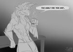  anthro bad_mood beverage capcom claws clothing coffee dialogue digital_media_(artwork) fanged_wyvern fangs fluffy horn kitchen male monster_hunter morning muscular nude panties patreon spikes sunny_way tabole teeth underwear zinogre 