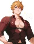  1boy bara blue_eyes chariko collared_shirt cursed_emoji genshin_impact large_pectorals male_focus muscular muscular_male orange_hair partially_unbuttoned pectoral_cleavage pectorals red_shirt shirt short_hair simple_background sleeves_rolled_up smile solo sparks tartaglia_(genshin_impact) teeth upper_body white_background 