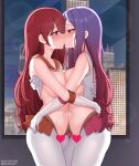  2girls absurdres blurry blush bokeh breasts censored commentary_request commission copyright_request depth_of_field heart heart_censor highres kiss kkam-sang large_breasts long_hair multicolored_hair multiple_girls navel nipples pixiv_id red_eyes twitter_username yuri 