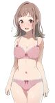  1girl :d blush bra breasts brown_eyes brown_hair cleavage commentary_request flying_sweatdrops highres idolmaster idolmaster_shiny_colors kozuka_yasushi long_hair looking_at_viewer navel panties pink_bra pink_panties sakuragi_mano simple_background smile solo underwear underwear_only white_background 