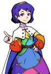  1girl :3 belt blue_cape brown_belt cape closed_mouth cowboy_shot dress hairband hand_on_own_hip hand_up index_finger_raised long_sleeves looking_at_viewer multicolored_clothes multicolored_dress parody puffy_long_sleeves puffy_sleeves purple_eyes purple_hair short_hair siivagunner smile solo stitches style_parody subarashiki_kono_sekai teddytedbert tenkyuu_chimata touhou transparent_background two-sided_cape two-sided_fabric white_cape 