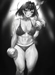  1girl abs bikini blush breasts cleavage collarbone covered_nipples exercise greyscale hair_intakes halo highres hololive hololive_english keigi large_breasts mechanical_halo monochrome navel open_mouth ouro_kronii solo spotlight swimsuit toned v-shaped_eyebrows virtual_youtuber weightlifting 